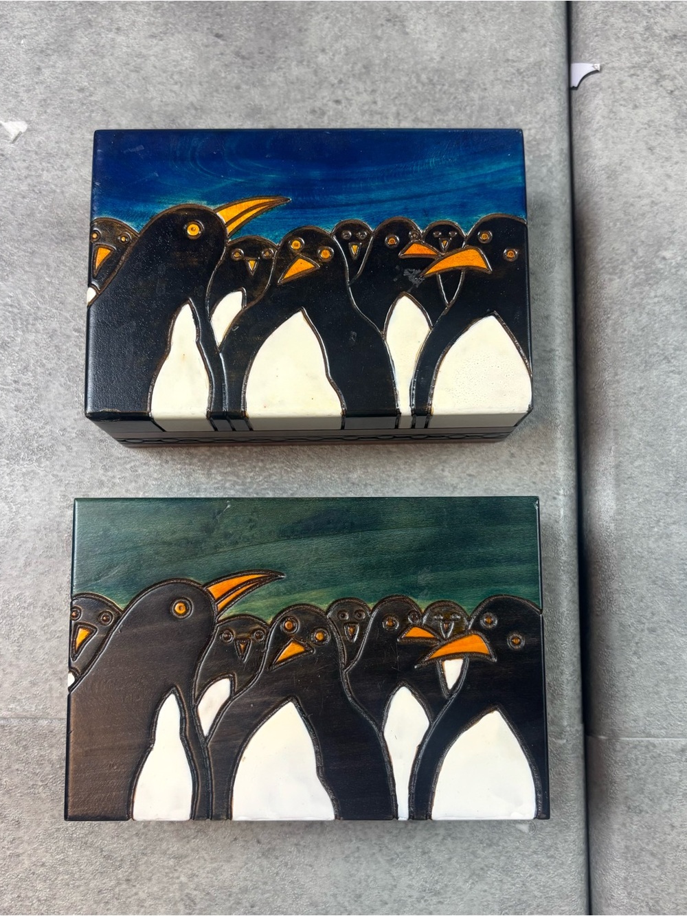 Lot Of 2 Penguins Wooden Box Polish Handmade Poland Wood Keepsake